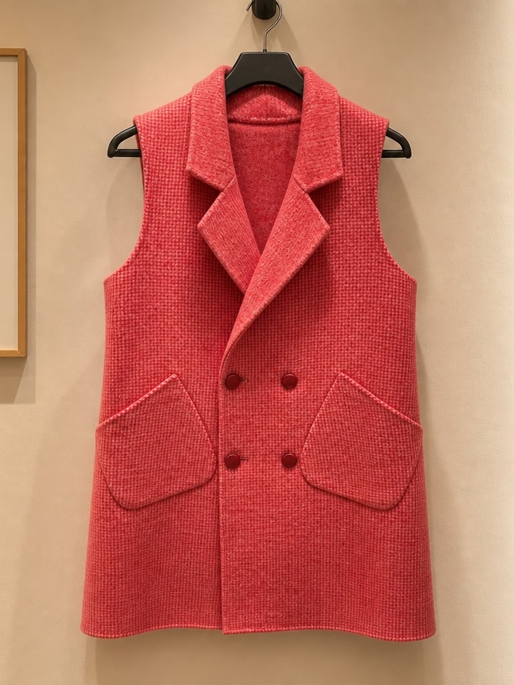 Sleeveless Double-Breasted Wool Blend Vest in Coral Red